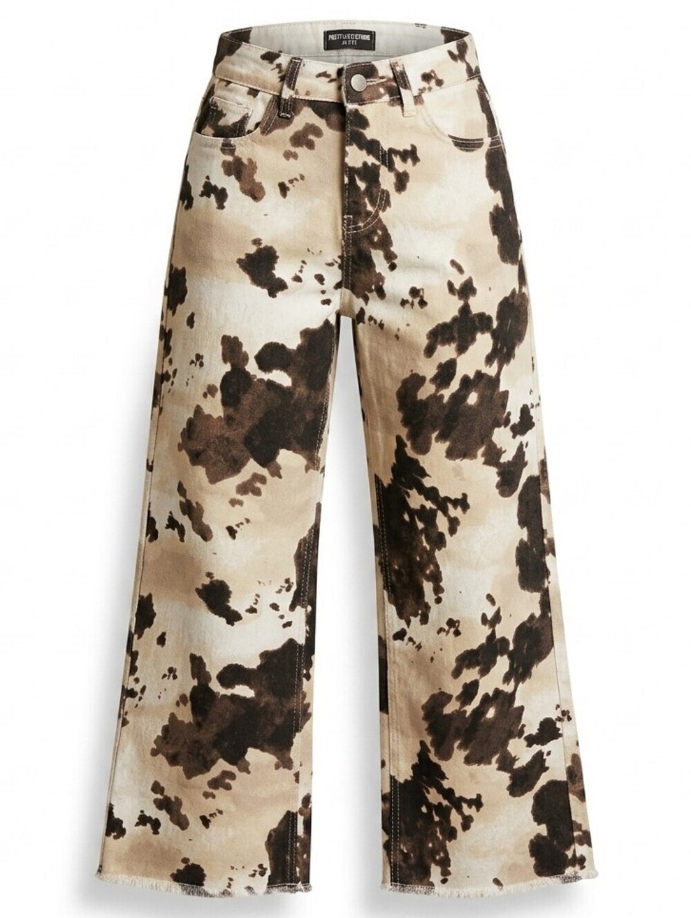 PrettyLittleThing Petite Cow Print Wide Leg Jeans Raw Hem Brown Tan Sz.00